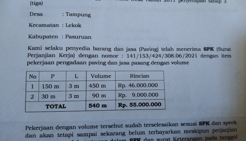 Di Desa Tampung Kecamatan Lekok, Proyek Selesai Bertahun Tahun, Uang Belum Di Bayarkan